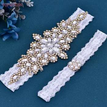 TOPQUEEN THS01-G Beyaz Dantel Elastik Jartiyer Kemer Düğün Altın Dekorasyon Sparkly Seksi Kadın Kadınlar Gelin Bacak Yüzük Rhinestones