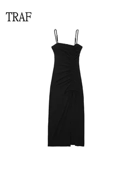 TRAF Siyah Uzun Kayma Elbise Kadınlar 2022 Seksi Backless Dantelli Elbiseler Kadın Giysileri Zarif Parti gece elbisesi Vintage Sıkı Elbiseler