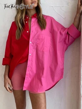 TWOTWINSTYLE Rahat Gömlek Kadınlar Için Yaka Uzun Kollu Düz Colorblock Düğmesi Bluz Kadın Moda Giyim Tarzı