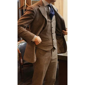 Tüvit Erkek Takım Elbise 3 Adet Çentikli Yaka V Boyun Groomsmen Smokin Düğün Çentikli Yaka Takım Elbise Erkekler 2022(Blazer + Yelek + Pantolon)