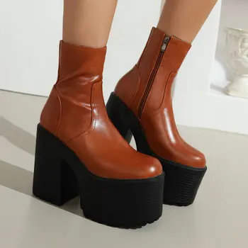 Ultra Yüksek Platform Yuvarlak Kafa Kalın Topuk Retro İngiliz kadın Orta Tüp Çizmeler Yan Zip Peluş İç Kalın Alt Martin Çizmeler