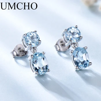 UMCHO 925 Ayar Gümüş Küpe Çift Oluşturulan Nano Sky Blue Topaz Taş Küpe Nişan Hediye Kadınlar Için Güzel Takı