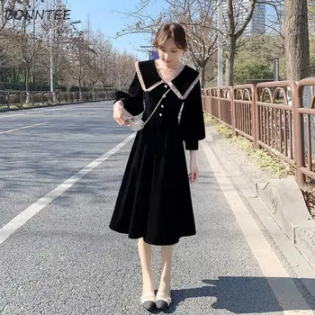Uzun Kollu Elbise Kadınlar Vintage İhale Tatlı Gençler Basit Patchwork Kore Tarzı Yeni Şık Yumuşak Rahat Günlük Peter pan yaka