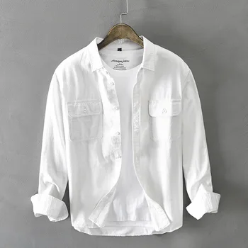 Uzun Kollu Gömlek Erkekler için Saf Pamuk İki Cep Düğmesi Üstleri Erkek Rahat Günlük Katı Beyaz Turn - aşağı Yaka Retro Elbise