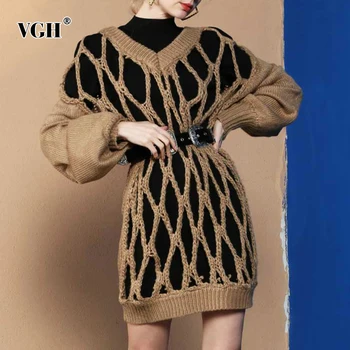 VGH Hollow Out Gevşek Kazak Kadınlar İçin V Boyun Uzun Kollu Siyah Casual Örme Kazaklar Kadın Moda Bahar Yeni Giyim 2022