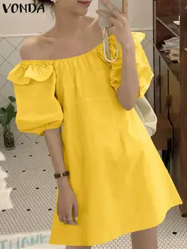 VONDA Yaz Mini Elbise 2022 Casual Kadın Kısa Kollu Kapalı Omuz Ruffled Elbise Seksi Katı Moda Tatil Parti Sundress Elbise