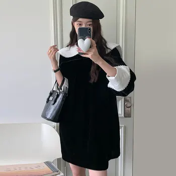WDMSNA Gevşek Puf Kollu Kadife Elbise Kadın Sonbahar Fransız Dantel Donanma Yaka Vestidos Kore Chic Kontrast Renk Dikiş Robe