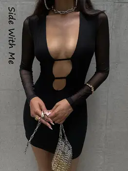 Yan benimle Cut Out Seksi Bodycon kadın Mini Elbise 2022 Yaz Örgü Uzun Kollu Casual Parti Kulübü Kadın Elbiseler