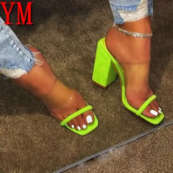 Yaz Ayakkabı Kadın Şeffaf PVC Sandalet Bayanlar Yüksek Topuk Pompaları Terlik floresan Açık Ayak Kalın Topuk Moda Kadın Slaytlar