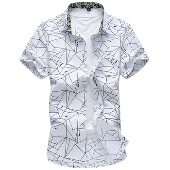 Yaz Erkekler Geometrik Ekose baskılı Hawaiian tatil Kısa kollu gömlek camisa masculina erkek Marka rahat gömlek 5XL 6XL 7XL