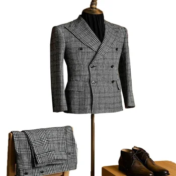 Yeni 2 Adet Balıksırtı Erkek Takım Elbise Resmi Custom Made Erkek Takım Elbise Modern Yaka Kruvaze İş Ceket + Pantolon