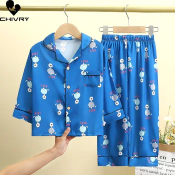 Yeni 2022 Çocuk Erkek Kız İpeksi Pijama Karikatür Uzun Kollu Yaka Gömlek Üstleri Pantolon ile Bebek İlkbahar Yaz Gevşek Uyku Giysileri