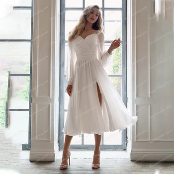Yeni Basit kısa düğün elbisesi 2022 Bir Çizgi Şifon Sevgiliye Uzun Kollu Yan Yarık gelin kıyafeti Orta Buzağı Vestidos De Novia Sivil