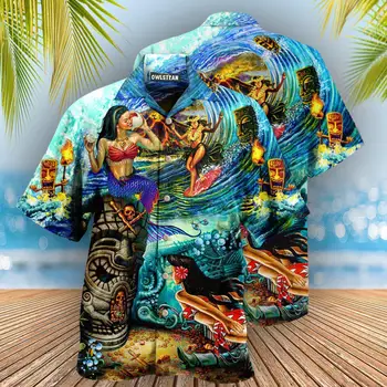 Yeni erkek gömleği Mermaid Baskı Kısa kollu Düğme Küba Gömlek Büyük Boy Hawaii Üstleri 3d y2k Yaz Tatili