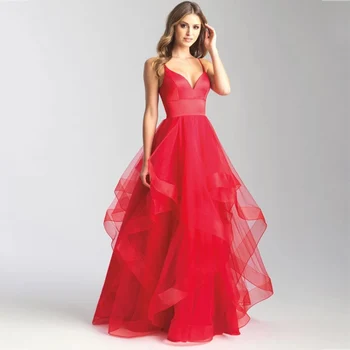Yeni Yıl Arifesi Modern Moda Kayma Backless Kırmızı V Boyun balo elbisesi Akşam Örgün Parti Düğün Elbiseler Seksi Katmanlı Balo Vestido