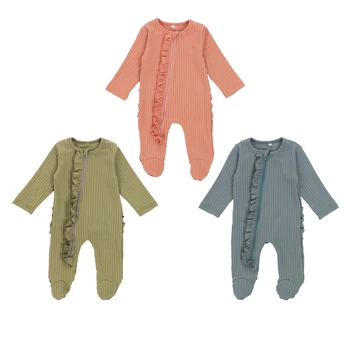 Yenidoğan Bebek Kız Fırfır Footies Pijama Örme Uyuyan Tek Parça Romper Tulum Nervürlü Kıyafet Katı Elbise