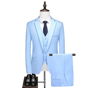 Yüksek kalite (Blazer + yelek + pantolon) erkek İngiliz tarzı moda basit iş zarif casual slim fit üç parçalı takım elbise