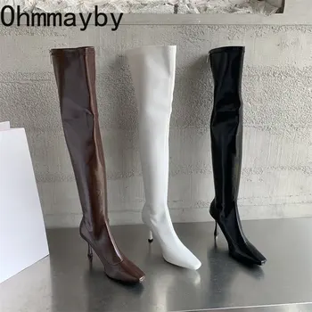 Yüksek Kalite Patent Deri Kadın Yüksek Diz Üzerinde Çizmeler Yüksek Topuklu Sivri Burun Çizmeler Tarzı Kadın Dans Kulübü ayakkabı