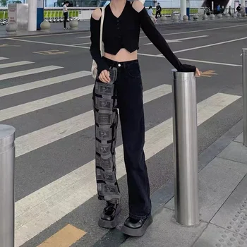 Yüksek Sokak Düz Bacak Siyah Kot Y2K Estetik Kadın Moda Baskı Harajuku Streetwear Giyim Pantolon Pantolon Kadın