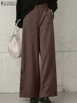 ZANZEA Rahat Düz Şık Cep Pantalon Sonbahar Uzun Uzunluk Yüksek Bel Pantolon Femme Şalgam Kadın Moda Katı Geniş Bacak Pantolon
