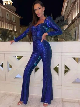 Zarif Tulum Kadınlar 2023 bahar uzun kollu elbise Kare Yaka Sequins Akşam Parti Kulübü Kıyafet Kadın Lüks Uzun pantolon Tulum