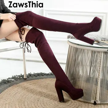 ZawsThia lüks marka streç kumaş elastik platformu blok yüksek topuklu çizmeler kadın diz üzerinde çizmeler moda uyluk yüksek çizmeler