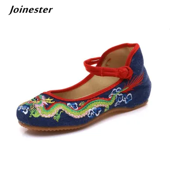 Çin Etnik Ejderha Işlemeli kadın Kanvas rahat ayakkabılar Ayak Bileği Kayışı Yuvarlak Ayak Bağbozumu Takozlar Pompaları Mary Jane Bayanlar Ayakkabı