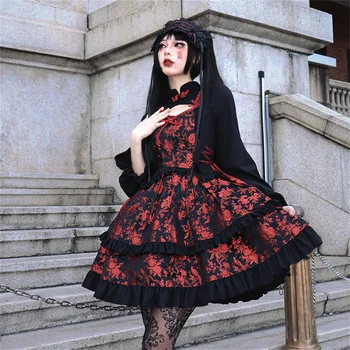Çin Klasik Tarzı Lolita Cosplay Koyu Punk Kızlar OP Gotik Nakış Plaka Düğmesi Standı Yaka Puf Kollu Örgü Elbise