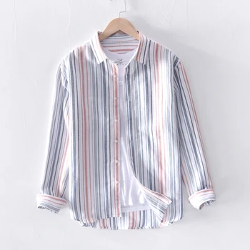 Çizgili Uzun Kollu Gömlek Erkekler için Pamuk Keten Casual Tops İlkbahar Yaz Yeni Turn-aşağı Yaka Erkek Vintage Giyim
