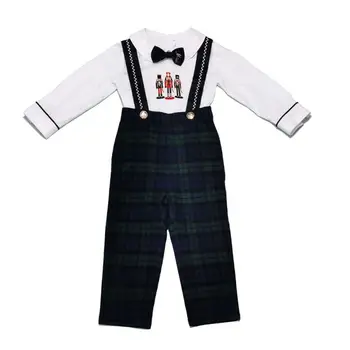 Çocuk İspanyol Giyim Seti Erkek Giyim Takım Elbise Bebek Asker Nakış Uzun Kollu Gömlek + Askı Pantolon Doğum Günü noel kıyafeti