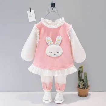 Çocuk Kız Sevimli giyim setleri Karikatür Tavşan O-Boyun Uzun Kollu Toddler Bebek Dış Giyim Gömlek + Pantolon 1 2 3 4 yıl