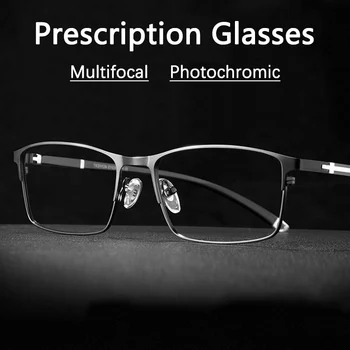 Özelleştirilebilir Multifokal İlerici okuma gözlüğü Erkekler Fotokromik Anti Mavi Reçete Gözlük Metal Yarım Çerçeve 