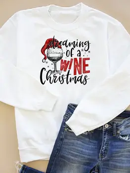 Şarap Aşk Tarzı Mektup Mutlu Tatil Grafik Kazaklar Merry Christmas Yeni Yıl Tişörtü Baskı Giyim Moda Kadın Giyim