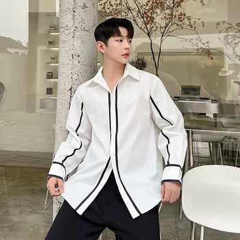 Şerit Ekleme Uzun Kollu Gömlek Erkekler Kore Streetwear Moda Vintage Gevşek Casual Gömlek Erkek Japon Şık Gömlek Bluzlar