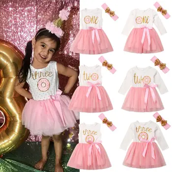 Şık Yenidoğan Bebek Kız Elbise Prenses Benim 1st Doğum Günü Partisi Çörek Harfler Tutu Tül Elbiseler Kafa Bandı Kıyafet Vestidos