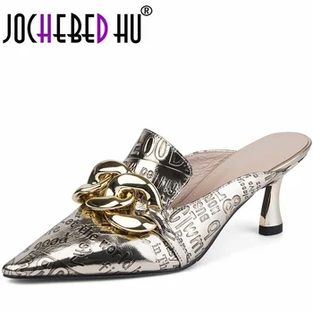 【JOCHEBED HU】 Yeni ayakkabı Yaz Hakiki Deri Sandalet Altın Ayakkabı Kadın Moda Slaytlar Yüksek Topuklu Ayak Bileği