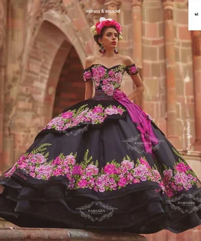Siyah Charro Quinceanera elbise Balo Kapalı Omuz Aplikler Meksika Tatlı 16 Elbiseler 15 Anos