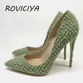 Yeşil 12 cm yüksek topuklu özel marka moda pointer toe seksi sığ kadın düğün parti akşam ayakkabı BM013 ROVICIYA