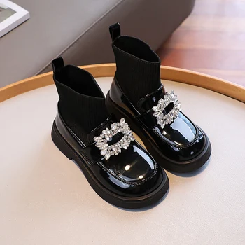 Çocuk yarım çizmeler Çorap Kızlar Patent Deri Sonbahar Chelsea Çizmeler Çocuklar Taklidi Ayakkabı Siyah Moda Çocuk Ayakkabı 3-12 Yıl
